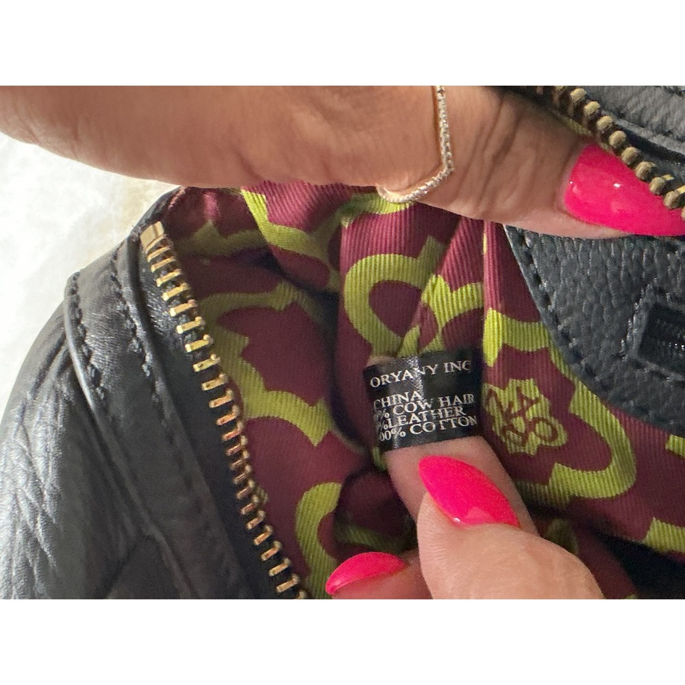 OrYANY Burgundy Cow Hair and Black Leather Studded Satchel Handbag Gold Hardware - Picture 5 of 10